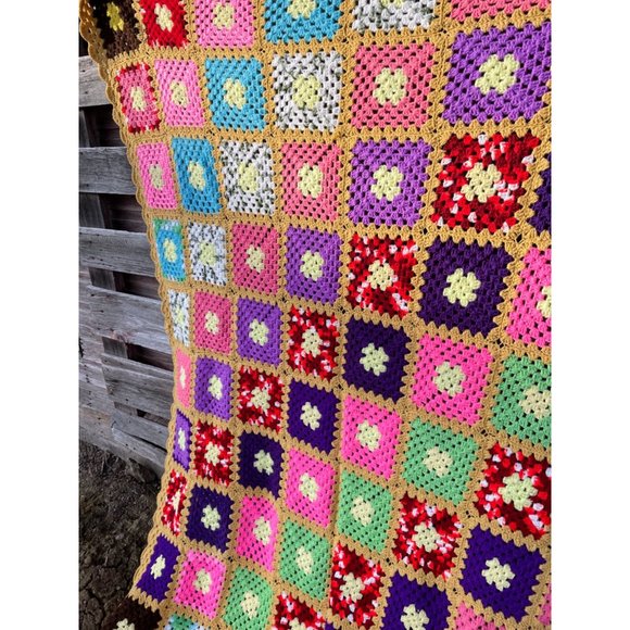 Vintage Colorful Granny Square Crochet Afghan 75x56" - Picture 14 of 16